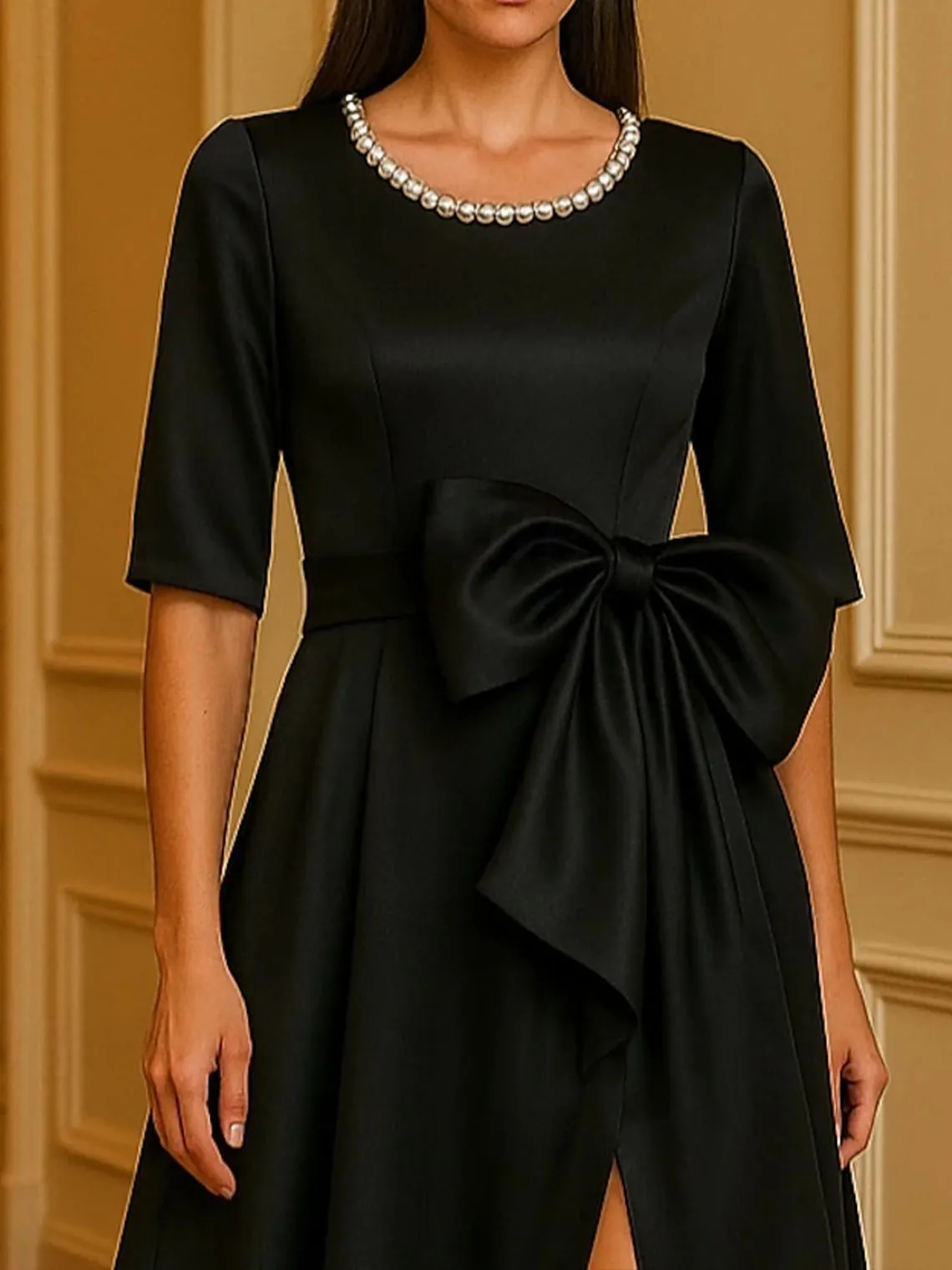 فستان سهرة أنيق على شكل حرف a من الساتان طول الأرض رقبة دائرية نصف كم فيونكة فتحة عالية فستان زفاف الضيوف 2025 مخصص مجاني #4