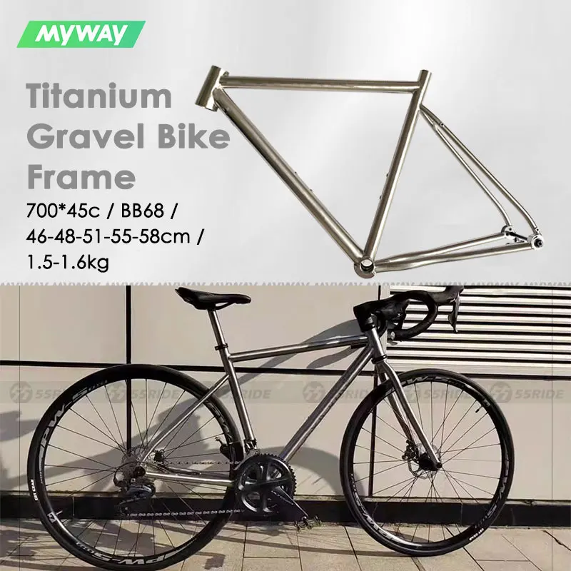

Titanium Alloy Gravel Road Bike Frame, Full Internal, 700C x 45 Thru Axle, Tapered Head Tube, Flat Mount, Disc Brake