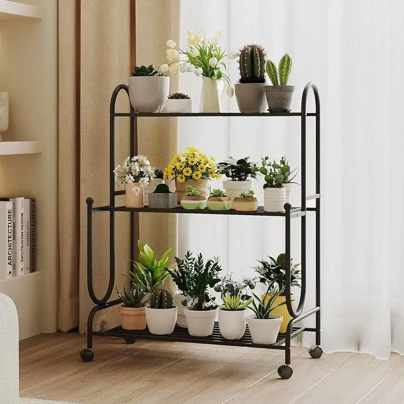 LH Wrought Iron Staircase Mobile Balcony Storage Rack Multi-layer Floor-standing Flower Stand with Wheels