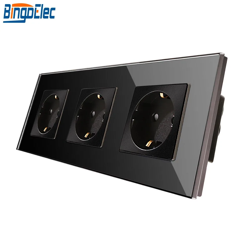 Bingoelec EU Standard Triple Germany Power Socket White Black Gold Crystal Toughened Glass Panel 16A Wall Socket 86*228mm