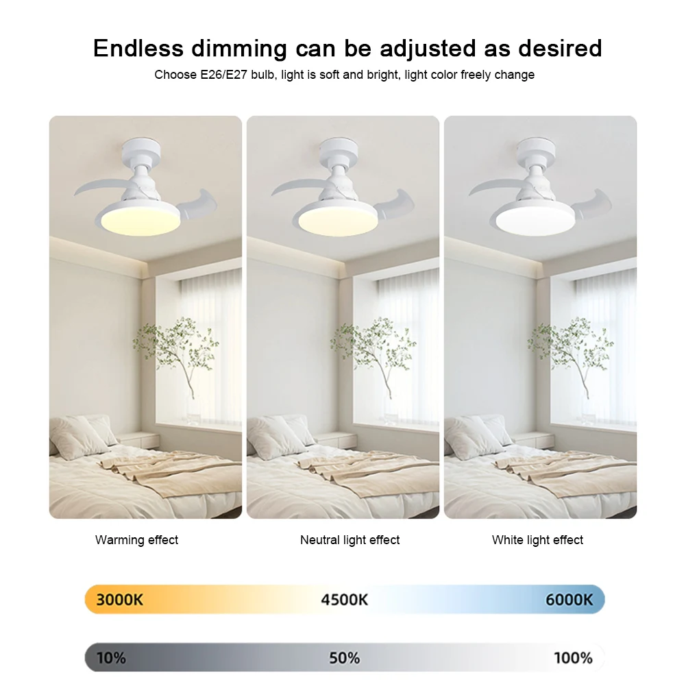 Kipas Gantung Portabel dengan Lampu LED, Remote Control, Kipas Peredup, Kipas Langit-langit Listrik Senyap untuk Ruang Makan, Kamar Tidur, Ruang Tamu