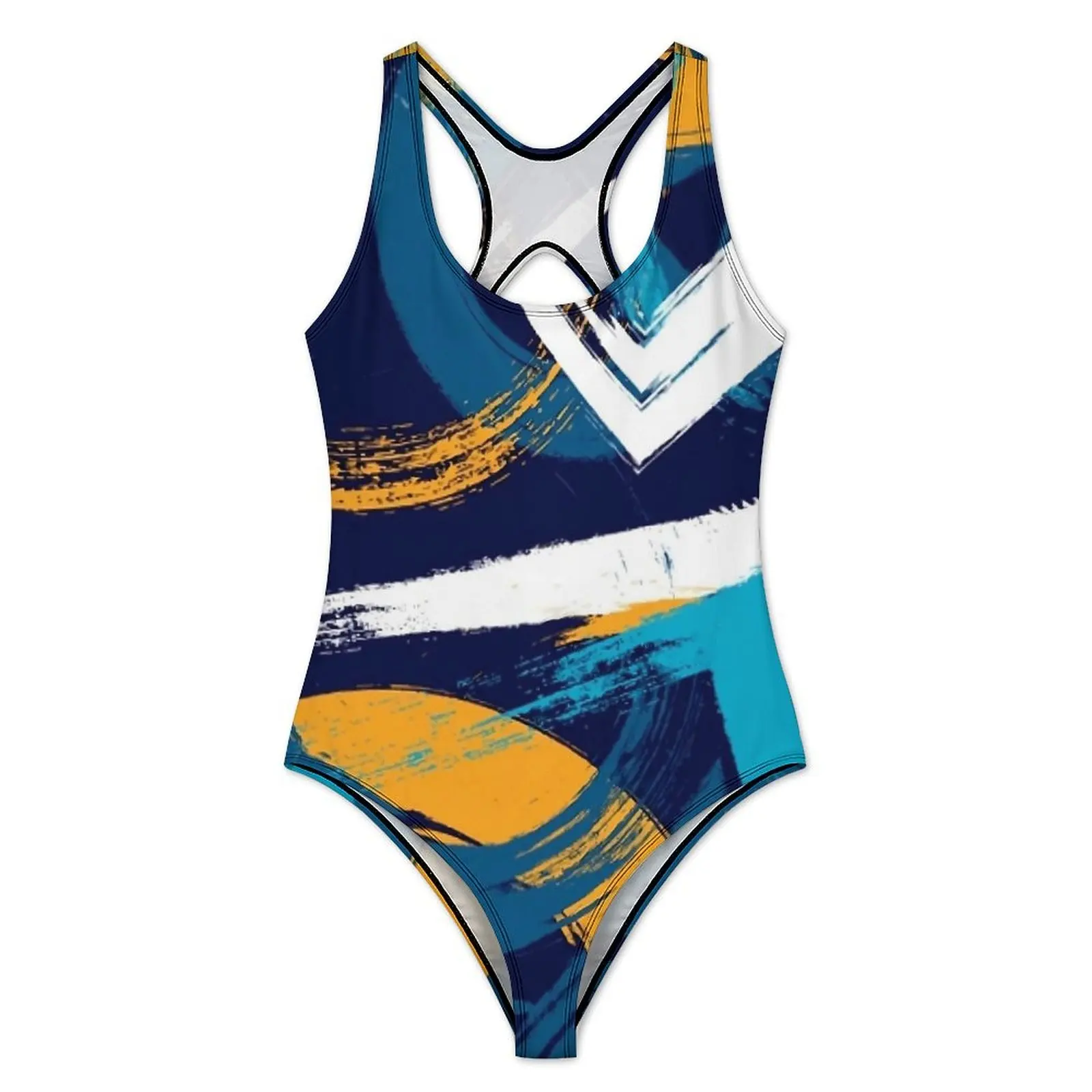 Brush Print Swimsuit Blue Yellow White Swimwear One Piece Fitness Graphic Bodysuit Bathing Suits Women Push Up Sexy Beachwear
