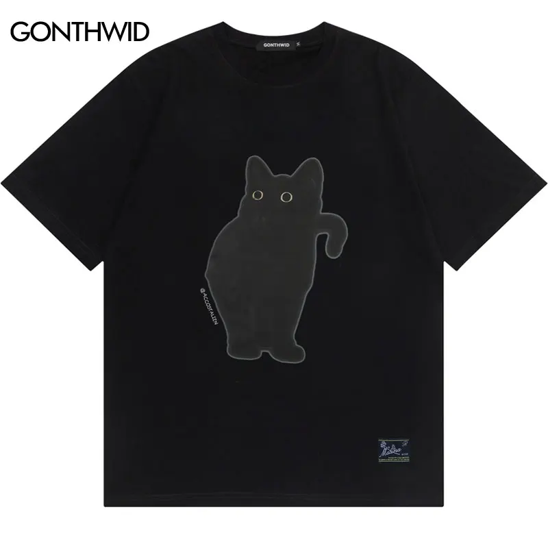 2024 Harajuku Tshirt Hip Hop Cute Black Cat Graphic Print Streetwear T Shirts Men Women Summer Fashion Short Sleeve Cotton Top