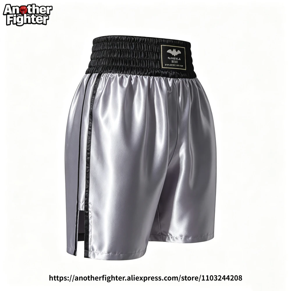 Muay Thai Boxing Shorts Silver Satin Kickboxing Fight Shorts for Adult Kids Combat Sports Martial Arts Training Sparring Trunks