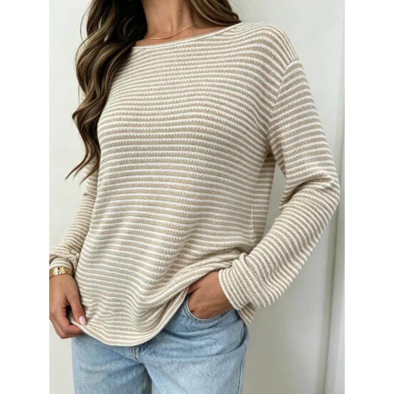 Women Autumn New Chic Hollow Striped Round‑Neck Tops Knit Long Sleeve Loose Pullover Tees Casual Pocket Spring Street Shirts