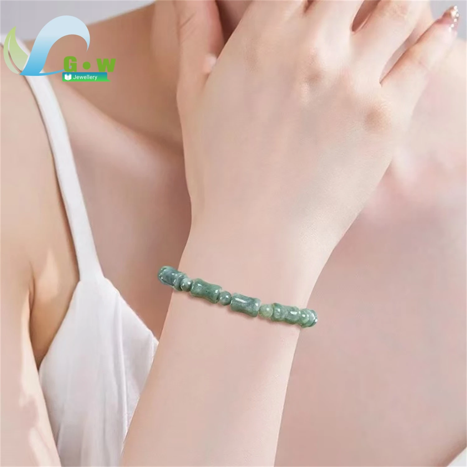 Natural A Grade Jadeite Bamboo Joint Barrel Bead Bracelet Bean Texture Rising Progress Unisex Exquisite Ethnic Jewelry Gift