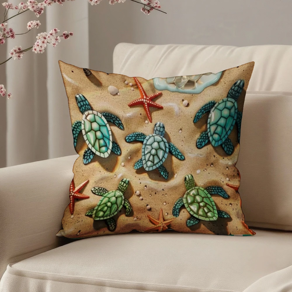 Square Throw Pillow Case Sandy Beige Sea Turtle Starfish Print For Living Room Sofa Bedroom Home Decor Cushion Cover
