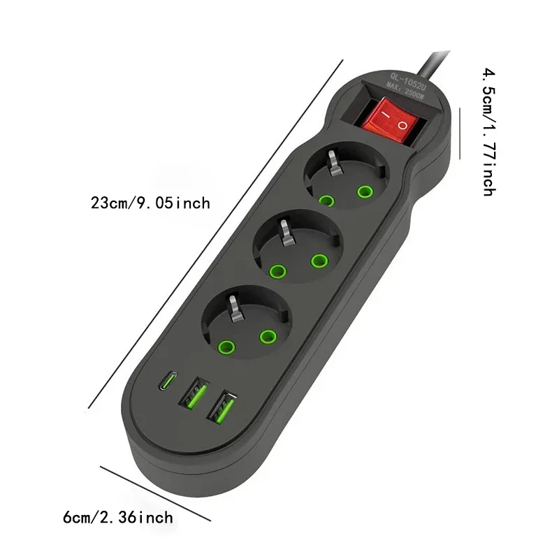EU-stekker stekkerdoos 2/3/4/5 stopcontact Multitap-verlenging 10A met 2 USB 1 Type-C-poorten 2 m snoer stopcontact 2500 W