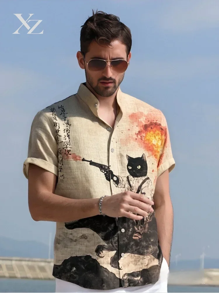 Men's Retro Short Sleeve Cat Shirt with Funny Calligraphy Dinosaur Volcanic Eruption Print, Vintage Japanese Holiday Outwear