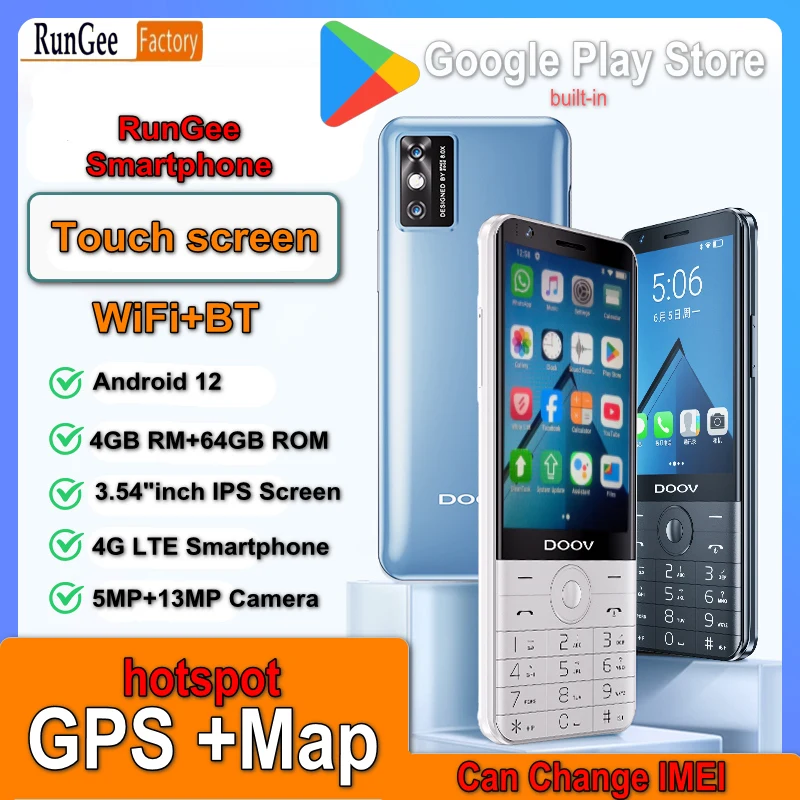 Rungee Zello Pro 스마트 터치 스크린 휴대폰, 와이파이 3.54 인치, 4GB, 64GB, 블루투스 5.0, 640*960, 구글 플레이 스토어 휴대폰, PK Qin F22