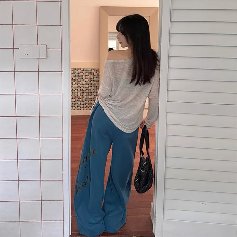 سراويل نسائية رمادية فضفاضة المظلة الخريف Sweatpants مع شريط مرن Harajuku اليابانية 2000s نمط Y2k خمر بنطلون الملابس