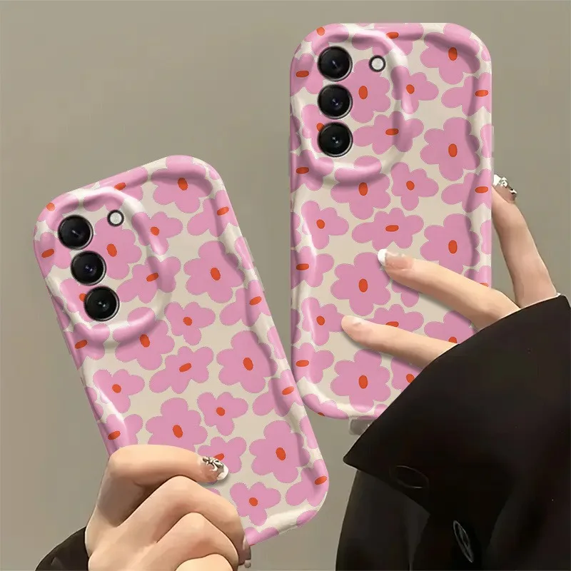 Pink Flower Pattern Chic Solid White Color Curly Wave Frame Phone Case For Samsung Galaxy Quantum Wide 8 6 Buddy 4 5 Jump 3 5G