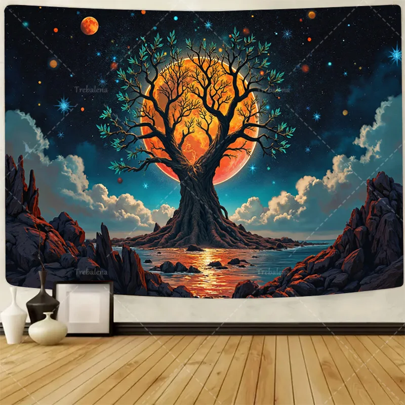 

Настенный гобелен, 1 шт., гобелен «Мистикальное дерево над полнолуние, ночное небо»