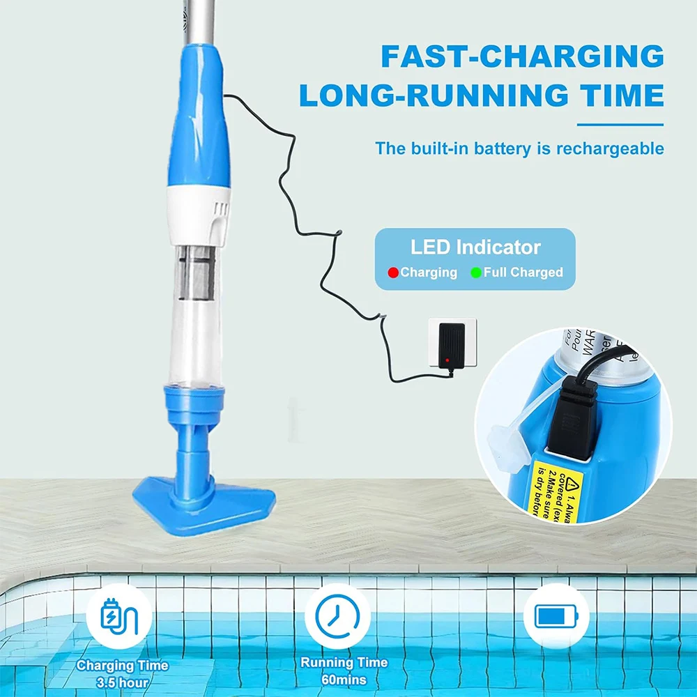 Rechargeable Pool Vacuum Cleaner Handheld Pool Cleaner Pool Skimmer Filter Replaceable Nozzle for Spas Hot Tub Small Pools
