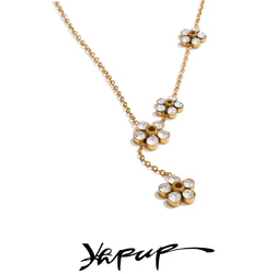 Yhpup Delicate Shiny Cubic Zirconia Flower Chic Chain Drop Golden Necklace for Women Stainless Steel High-Grade Collar Jewelry