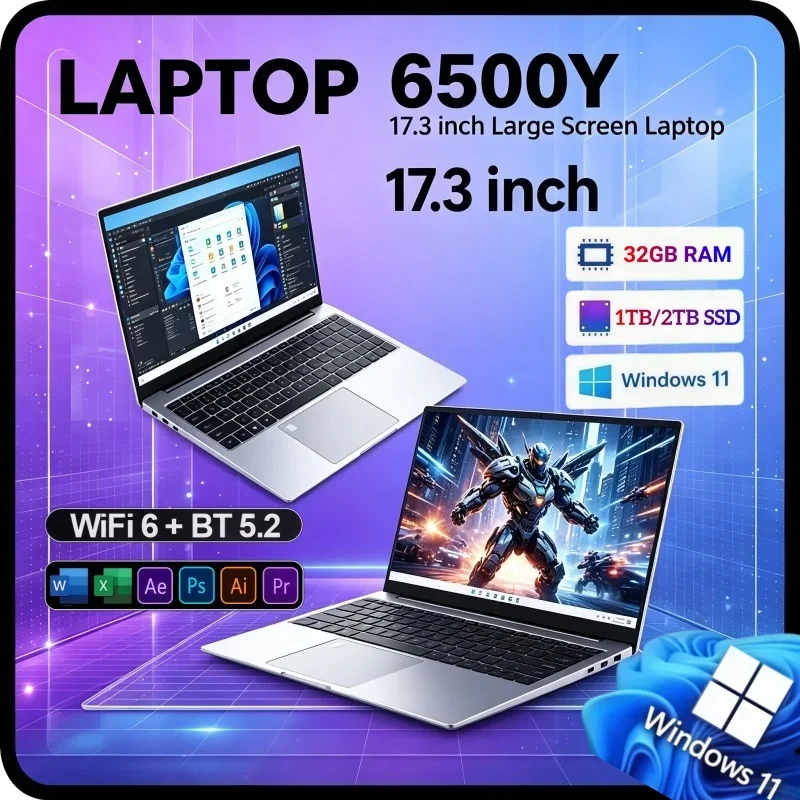 17.3 Inch Intel 6500Y Large Screen Laptop 16/32GB RAM Efficient Windows11 1/2TB BIG SSD Portable Laptop Office Study