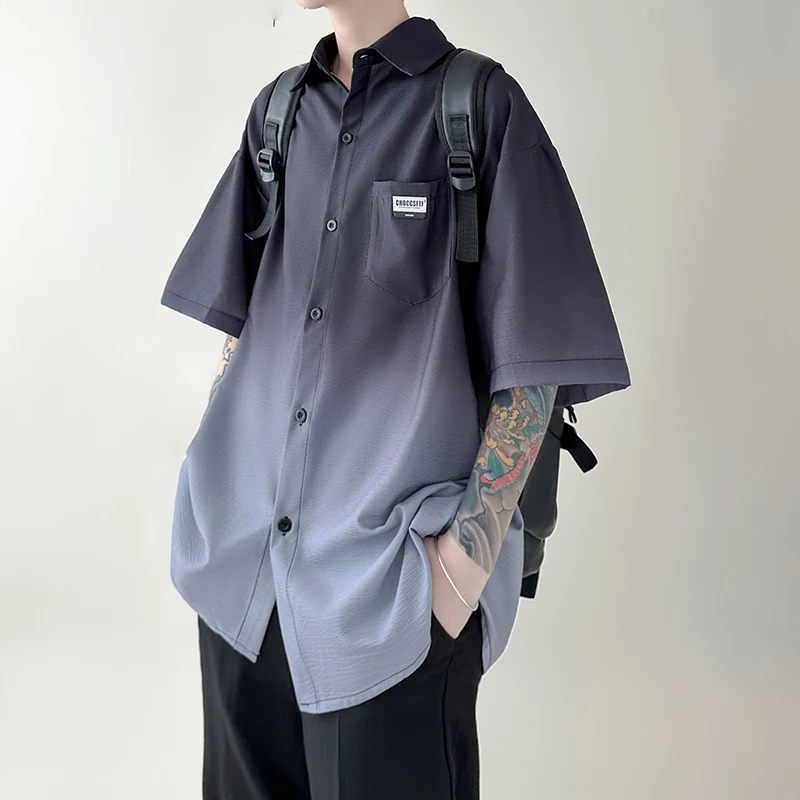 

Мужская рубашка с коротким рукавом из ледяного шелка с градиентным эффектом, летняя, охлаждающая, оверсайз, с текстурой, на пуговицах, тонкая, модная, молодежная