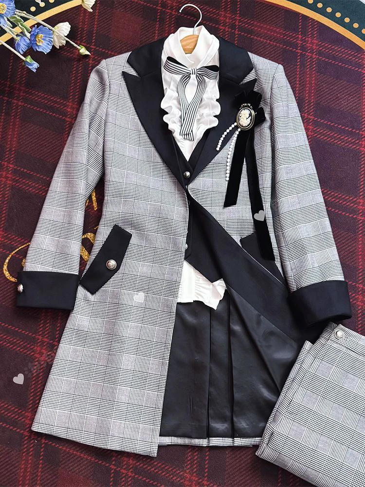 Retro Style Plaid Suit Jacket Women's Mid-Length Coat Black Butler Charle Wales Series Cosplay Vintage Windbreaker