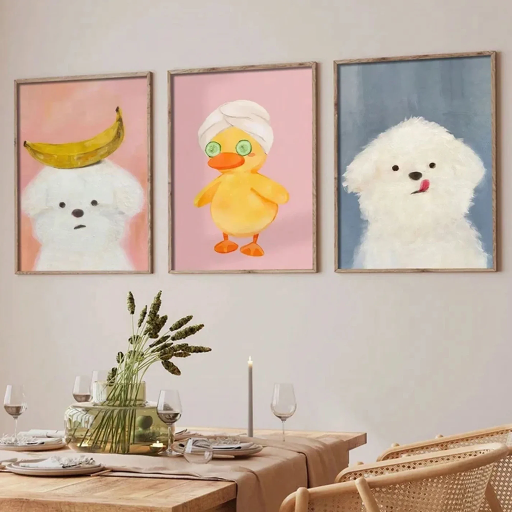 Large-sized 3pcs Modern Cute Puppy & Bathroom Rubber Duck Wall Art Print Canvas Painting Poster Picture For Living Room,Bathroom