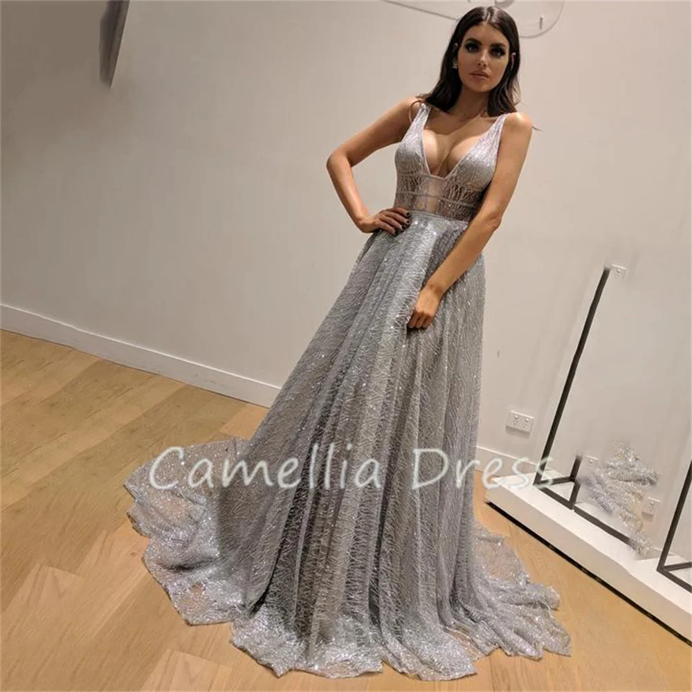 

Fashion A-line Long Evening Dresses Sleeveless Silver Backless Party Dresses Formal Dresses Vestidos De Fiesta فساتين السهرة