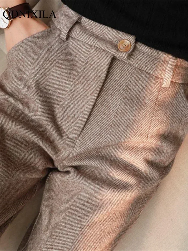 Autumn New Woolen Women\'s Pants Korean Fashion Hight Waist slimming Suit Pants Vintage Plus Size Straight Harem Casual Trousers