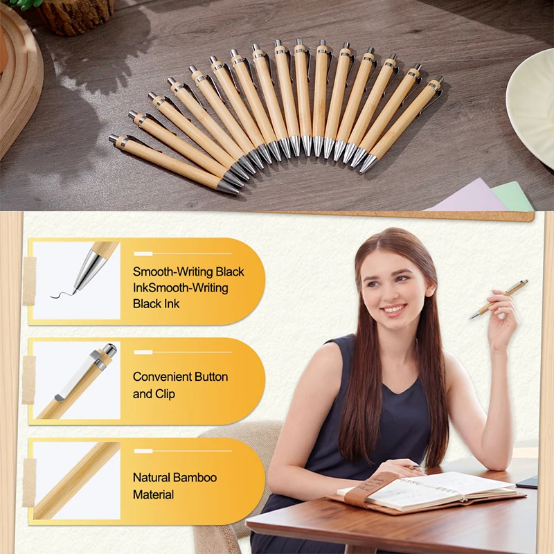 300Pcs Retractable Eco Bamboo Ball Pens, Natural Bamboo Body Press Signature Pens with Anti-Lost Metal Clip