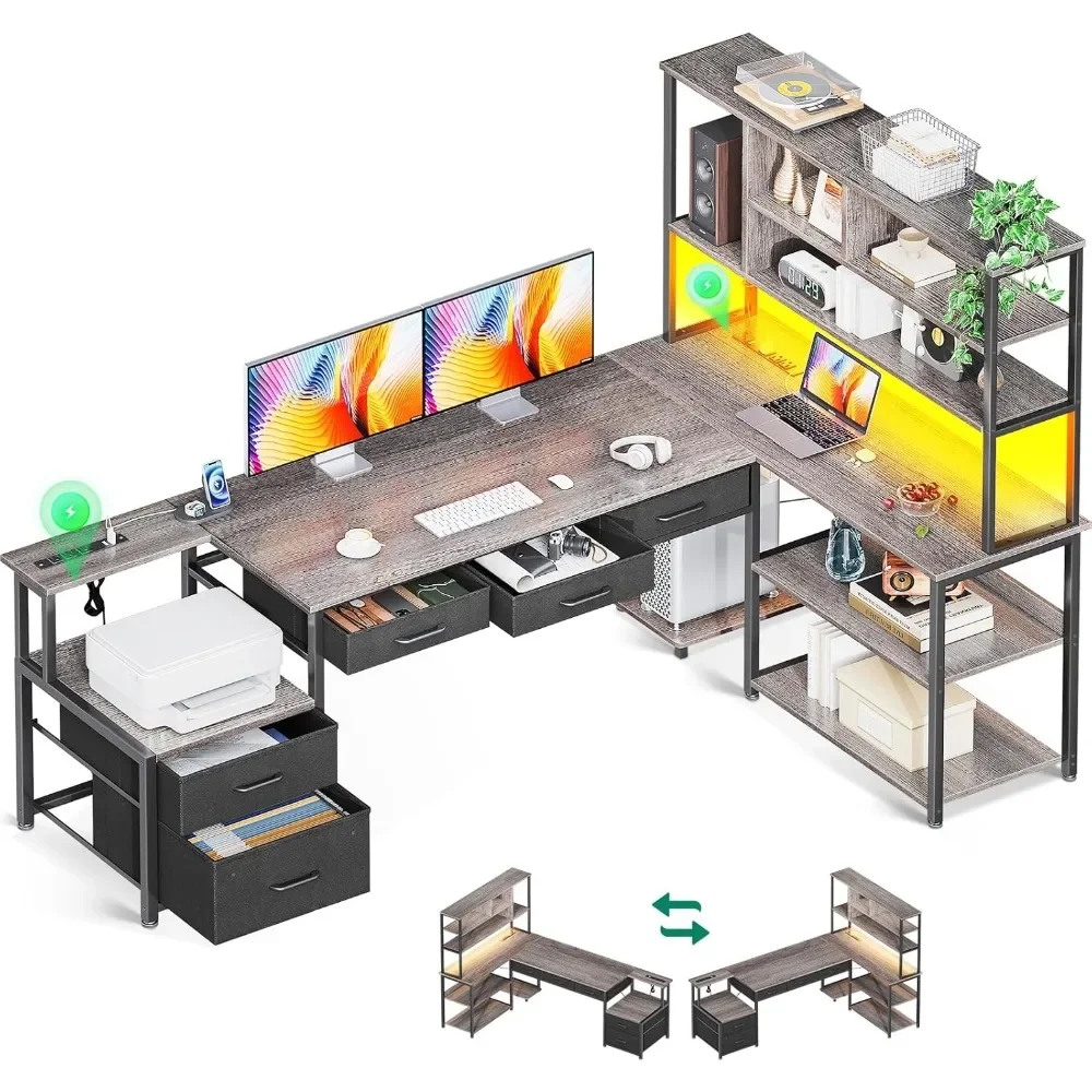 79 inch L Shaped Desk with File Drawers, Reversible L Shaped Gaming Desk with Power Outlets & LED Lights, Computer Desk