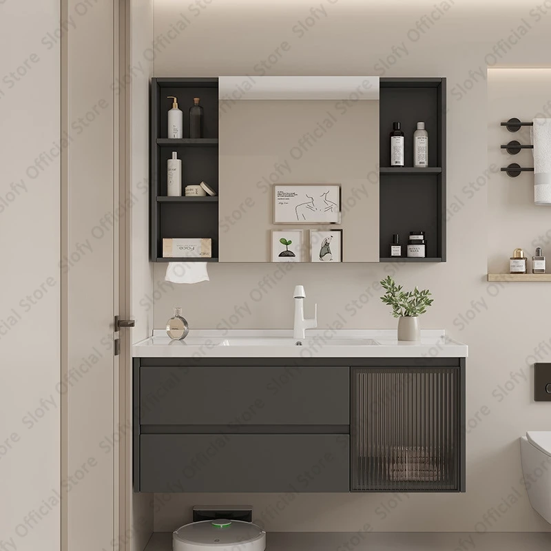 Tocador de baño moderno gris, mueble con espejo de moda, principal de aluminio con lavabo artístico de cerámica, accesorios de baño elegantes