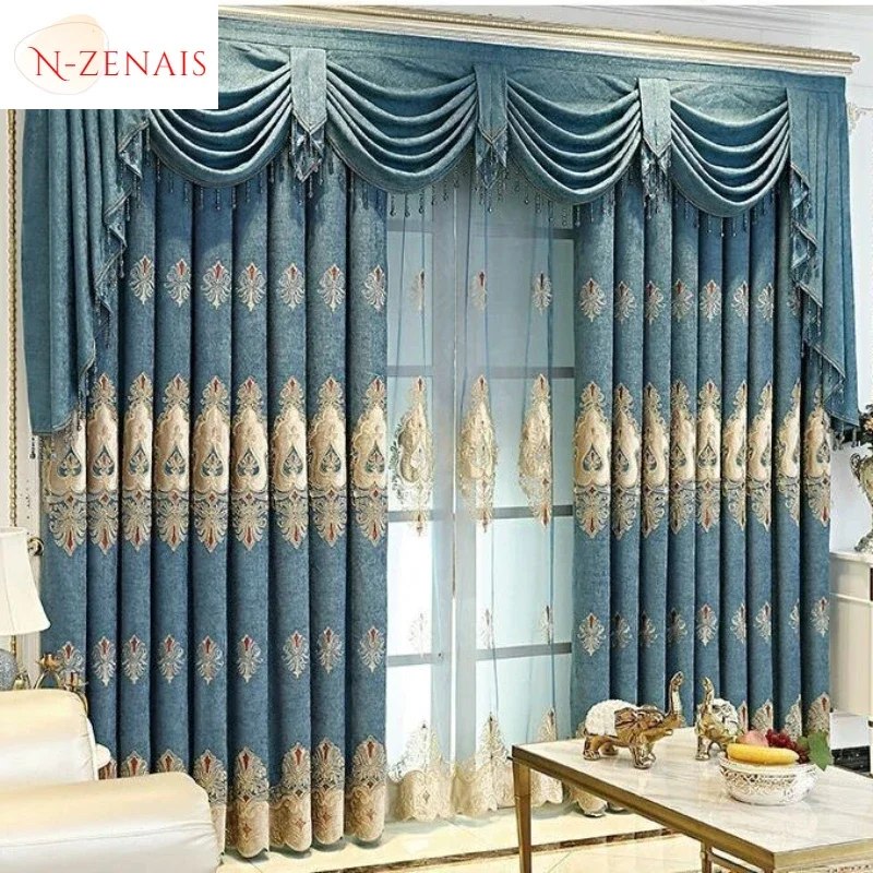 

European Blue Embroidery Luxury Curtain for Living Room Dining Bedroom Blackout Decor Window Valance Elegant Chenille Elegant