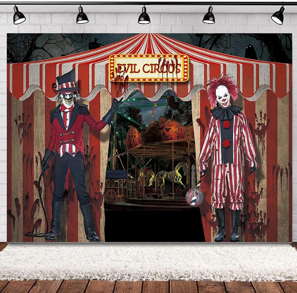 

Photography Backdrop Horror Circus Theme Halloween Giant Evil Clown Hallowmas Birthday Party Background Banner Photo Booth