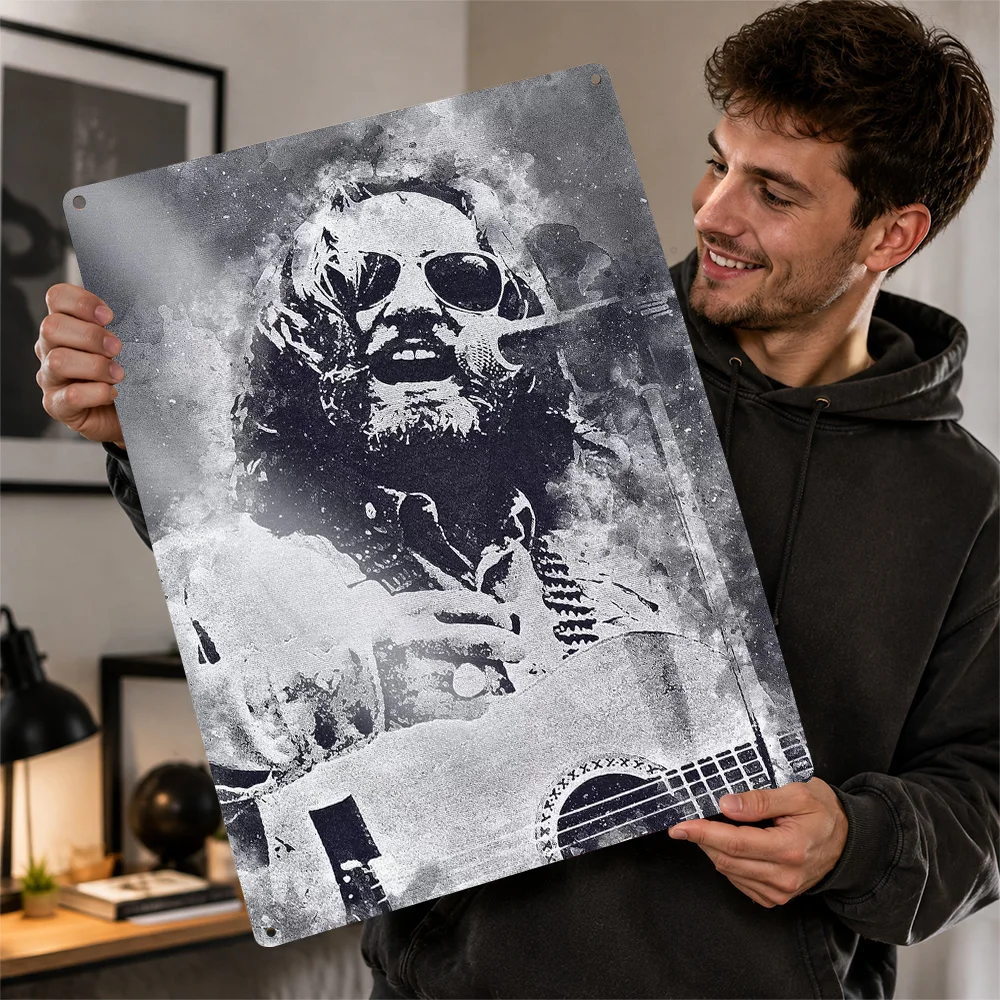 Willie Nelson Singing With Guitar Textured Metal Poster Painterly Wall Art For Bedroom Personalized Aluminum Sign Musician Gift