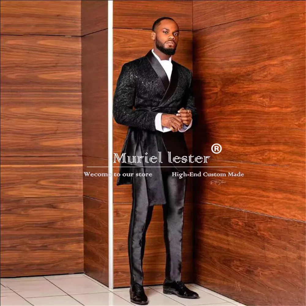 Traje de Jacquard negro para hombre, traje de boda con capa, cristales, apliques de cuentas, chaqueta, pantalones, esmoquin de novio, vestido de sastre, 2 piezas