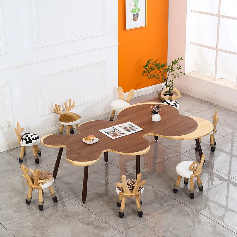 Table Solid Wood Kindergarten Table and Chair Combination Desk Early Education Painting Moon Peanut Table