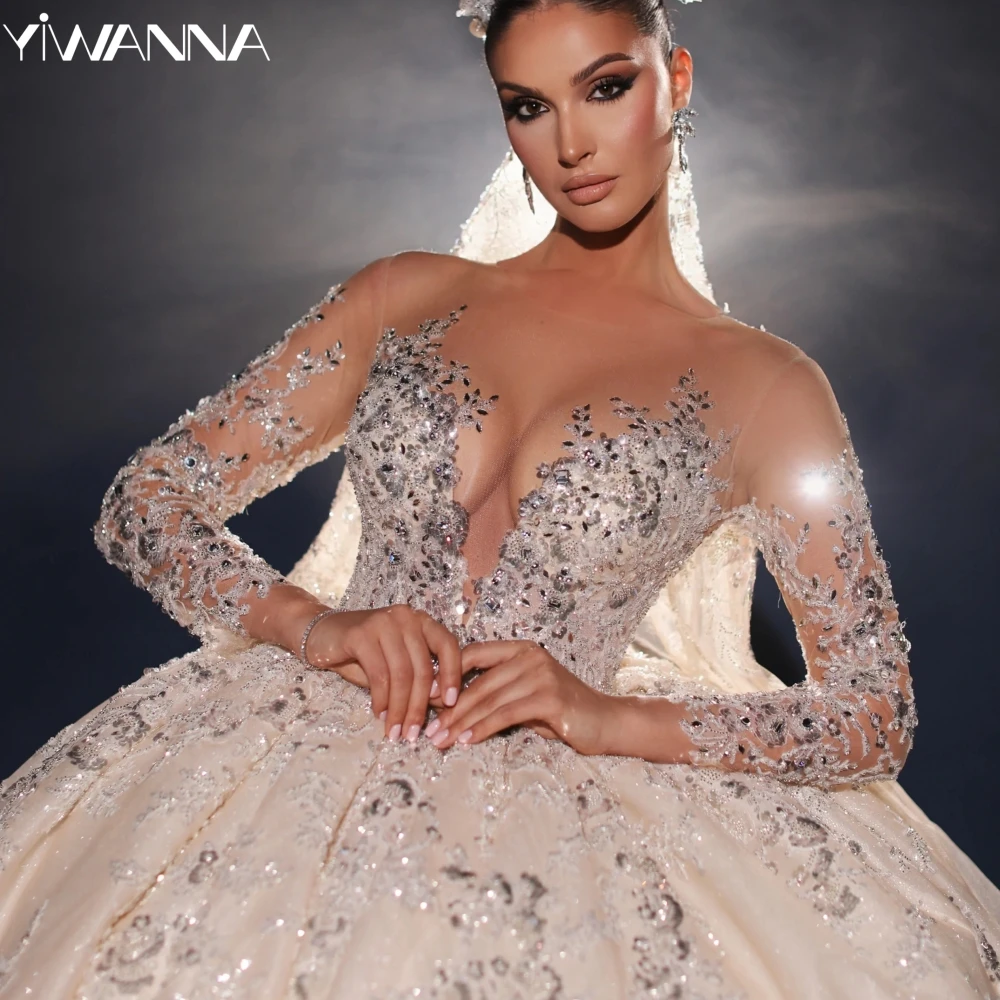 

Glitter Illusion Long Sleeve Wedding Dress Luxury Beaded Rhinestones Bridal Gown 2025 Customized Ball Gowns Dresses For Bride