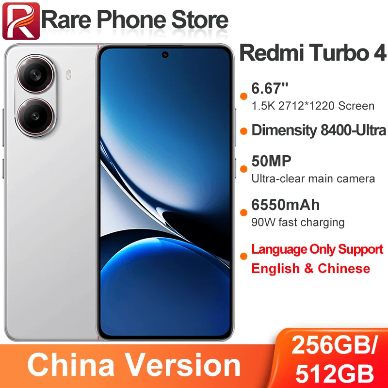 Xiaomi Redmi Turbo 4 256GB/512GB 50MP+20MP Camera Dimensity 8400-Ultra 90W 6550mAh Battery 6.67” 1.5k 2712 x 1220 Display