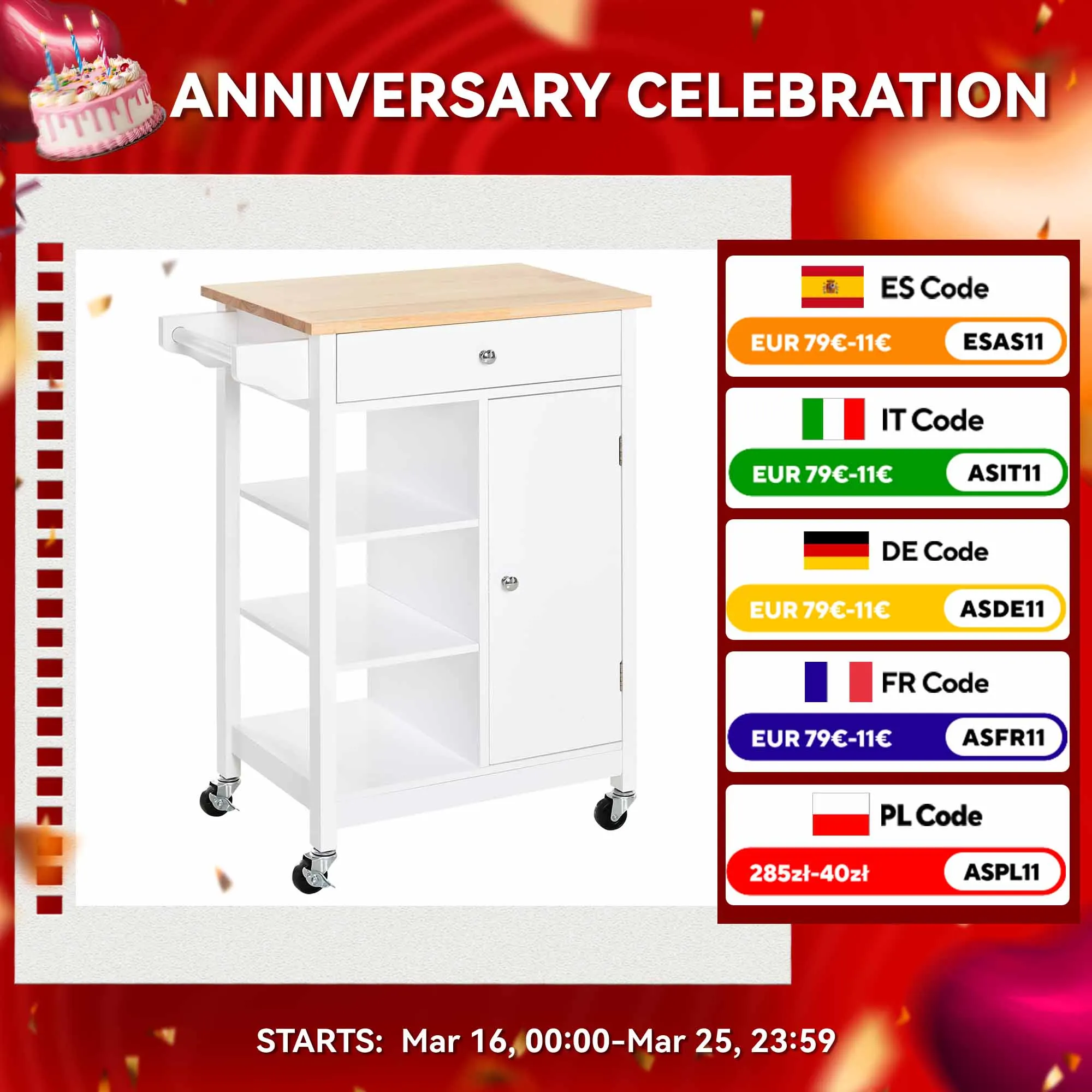HOMCOM Carrito de Cocina con 1 Cajón 1 Armario 3 Estantes Abiertos 66x39,5x86,5