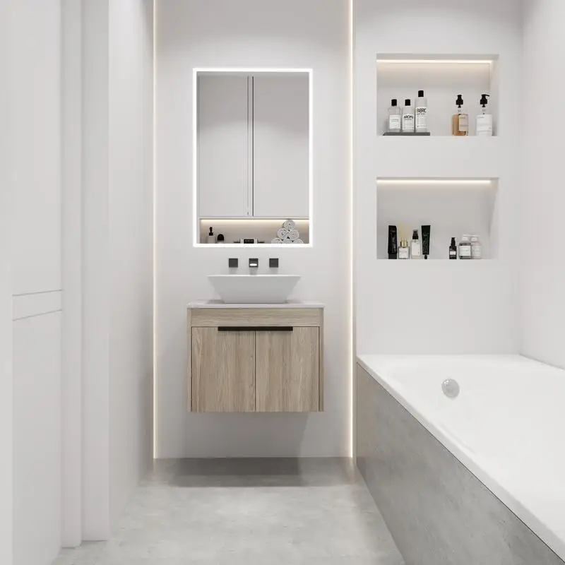 

Modern Design Wall-Mounted Bathroom Vanity Set with Ceramic Basin, Soft Close Door, White Oak Finish, KD-Packing, 2 Pieces