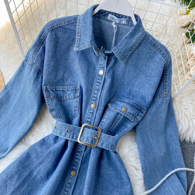 Fashion Women Jeans Dress Long Sleeve Autumn Short Bandage Ladies Black Blue Denim Dress Female Shirt Dress