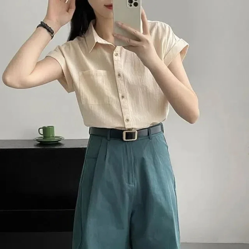 New Summer Button All-match Loose Blouse Short Sleeve Polo Neck Solid Color Vintage Shirt Tops Office Fashion Women Clothing