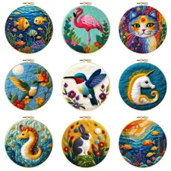 CHENISTORY DIY Wool Felting Painting With Embroidery Frame 20x20cm Fish Bird Rabbit Picture Needle Wool Painting For Craft Gift
