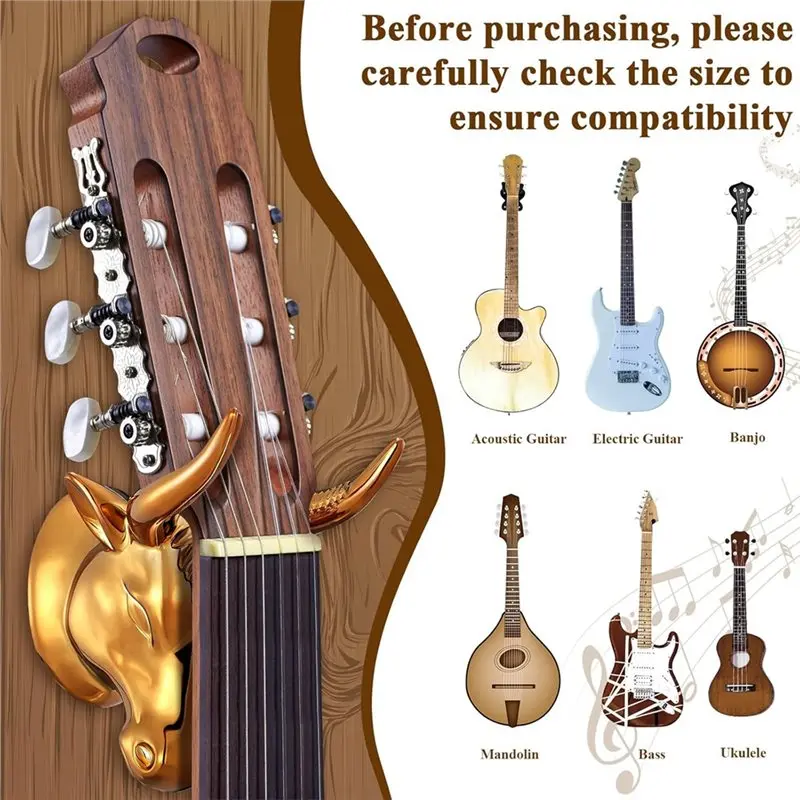 ABKV-Artistic Gold Bull Guitar Wall Mount Rack 2 Pcs For Electric Guitar Storage Art Ukulele Hook Stand