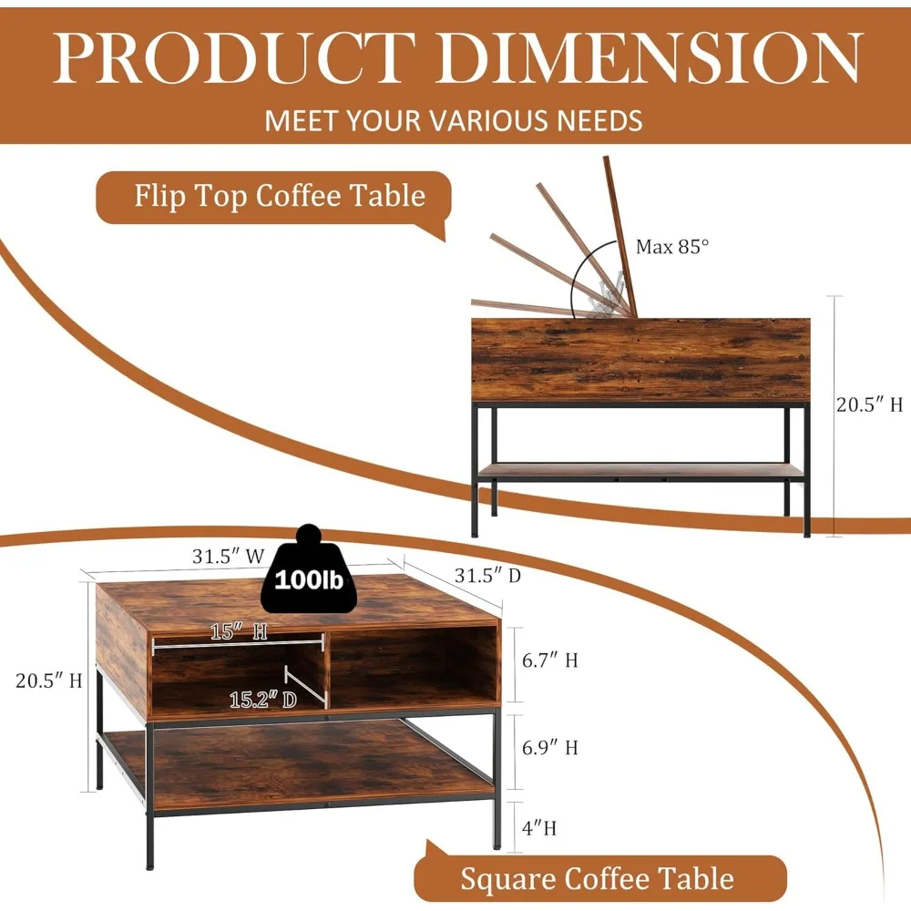 Nowoczesny prostokątny stolik kawowy w stylu farmhouse z przegródką do przechowywania i funkcją podnoszenia blatu, wykończony ciemnym orzechem i czarnym metalu.