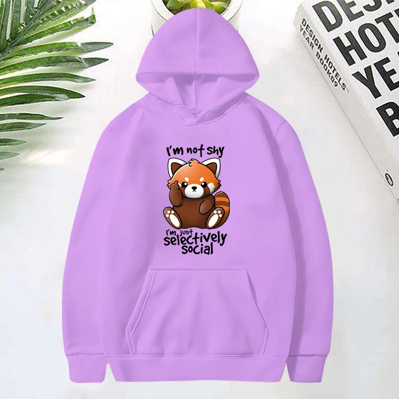 (Premium Hoodies)Panda I'm Not Shy I'm Just Selectively Social Printed Hoodies Women Fleece Long Sleeves Funny Pullover