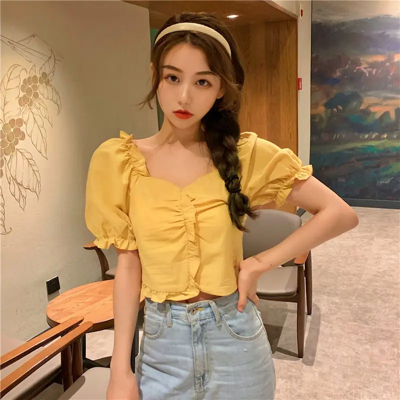 Solid Color Puff Short-sleeved Shirt for Women Niche Collarbone T-shirt for Women Street Top