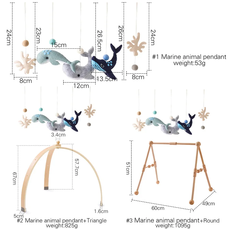 Natural Wooden Game Gym Mobile Pingente de animais marinhos de pelúcia Bebê chocalho mordedor Cadeia de carrinho de roedores Presente pendurado para criança 1 conjunto