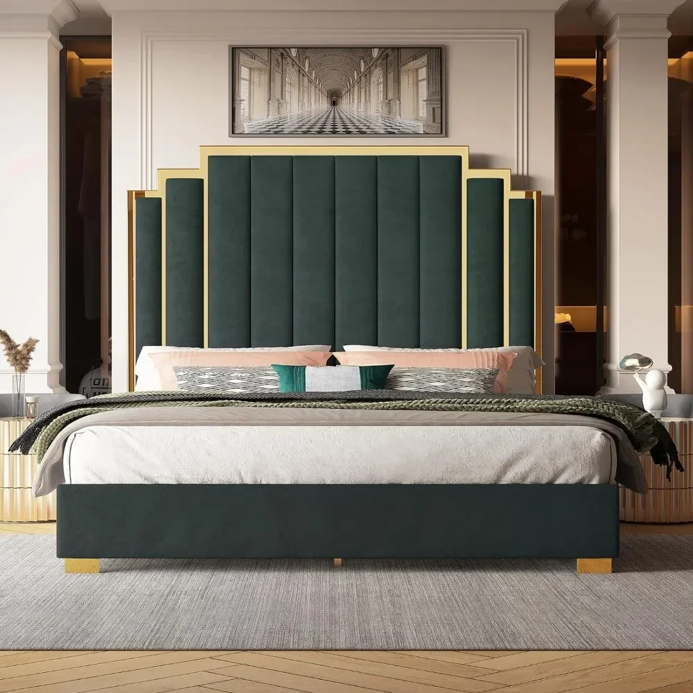 Camas estofadas de veludo com Gold Trim Headboard, cama queen size Frame, 61,4 polegadas, sem Box Spring necessário