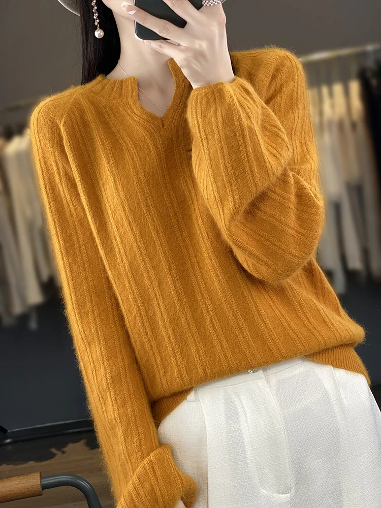 Women New 100% pure Mink Cashmere Sweater Fashion Loose Pullover Autumn Winter Warm Top Loose Puff Sleeve Knit Female Jacket