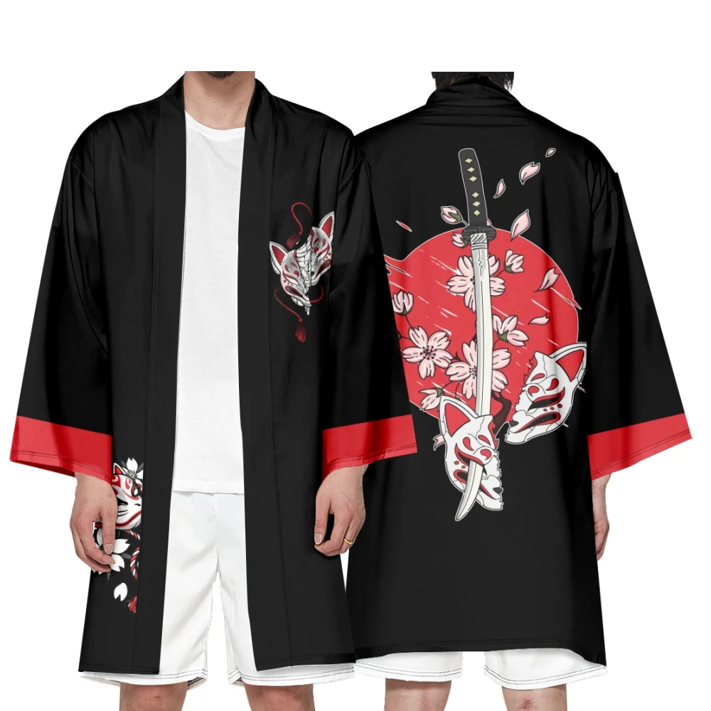 Men's Japanese Long Kimono Cardigan Men's Samurai Costume Kimono Ukiyo-e Flower Fox Pattern Kimono Shirt Yukata Outer Cover