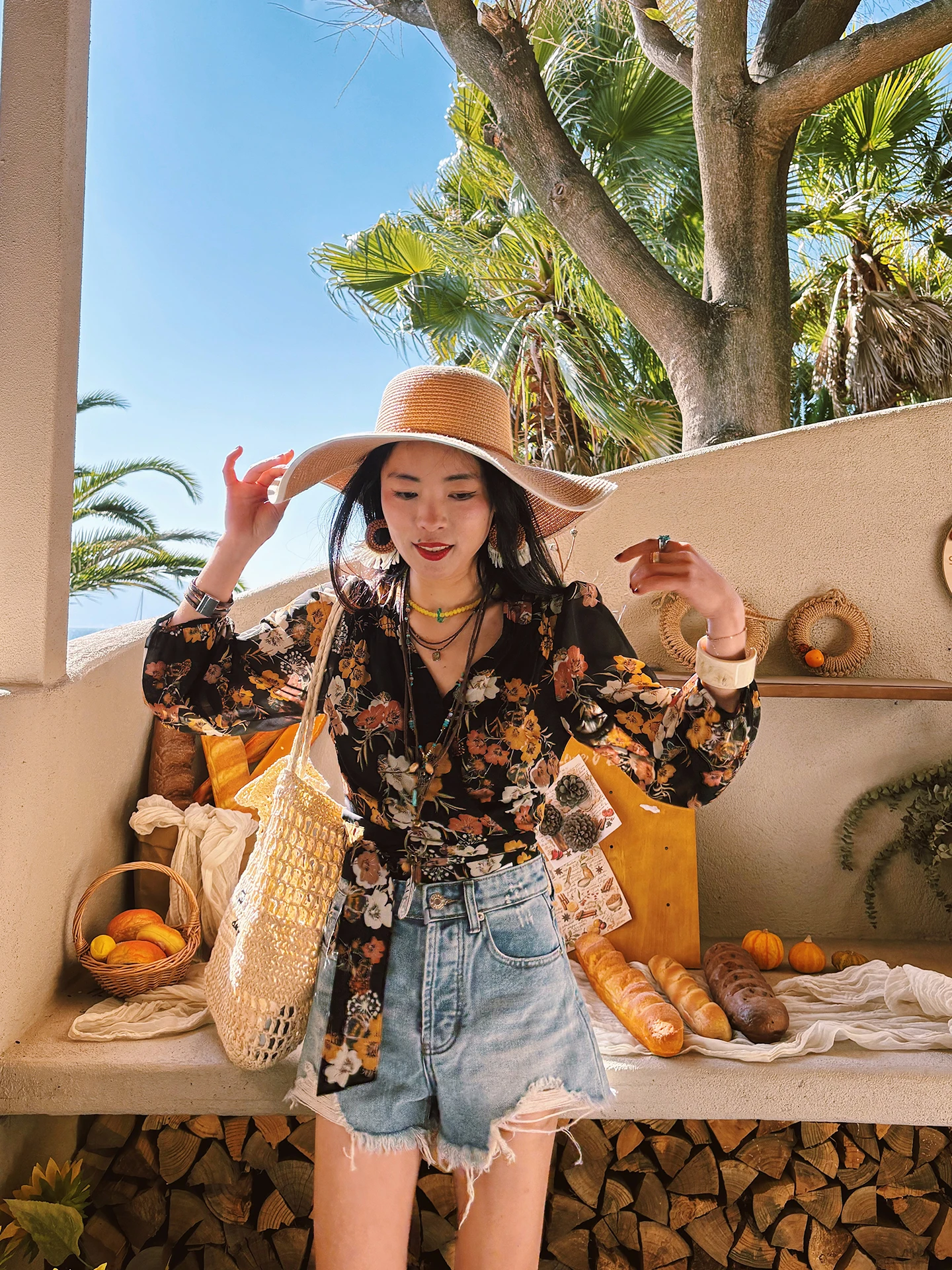 

Black Floral V-Neck Waist-Cinching Belted Shirt Beach Vacation Style Lantern Sleeve Sun Protection Women's Summer Shirt