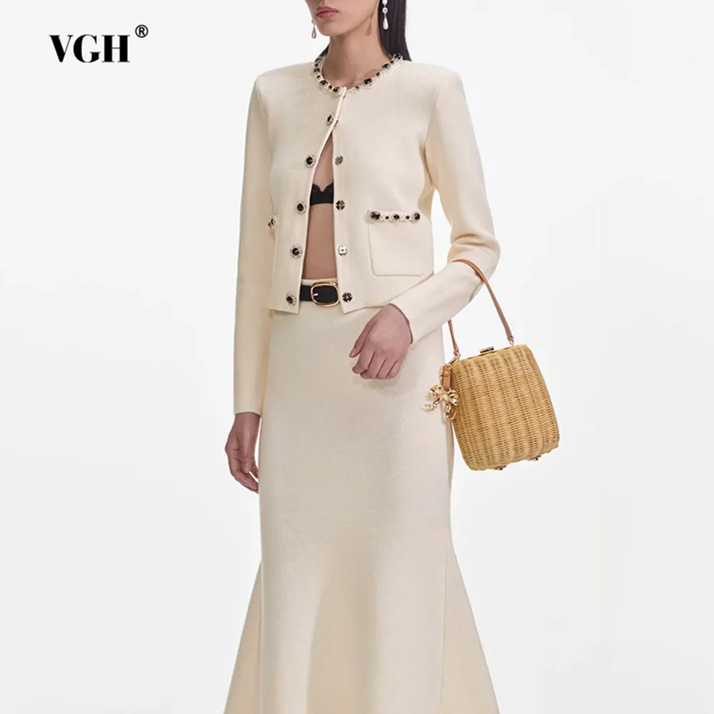 

VGH Элегантный однотонный комплект из двух предметов для похудения для женщин, топ с круглым вырезом и длинными рукавами, юбка с высокой талией, шикарный комплект, женский стиль